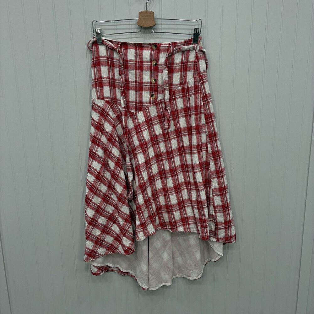 Free People Red White Plaid Midi Skirt Women's XSP Petite High Low Button Tie